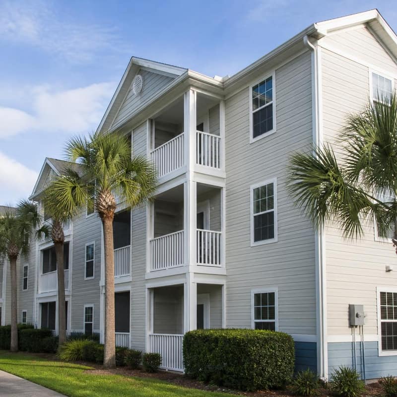 Freshly painted multi-family apartment complex exterior with new siding and trim in Florida