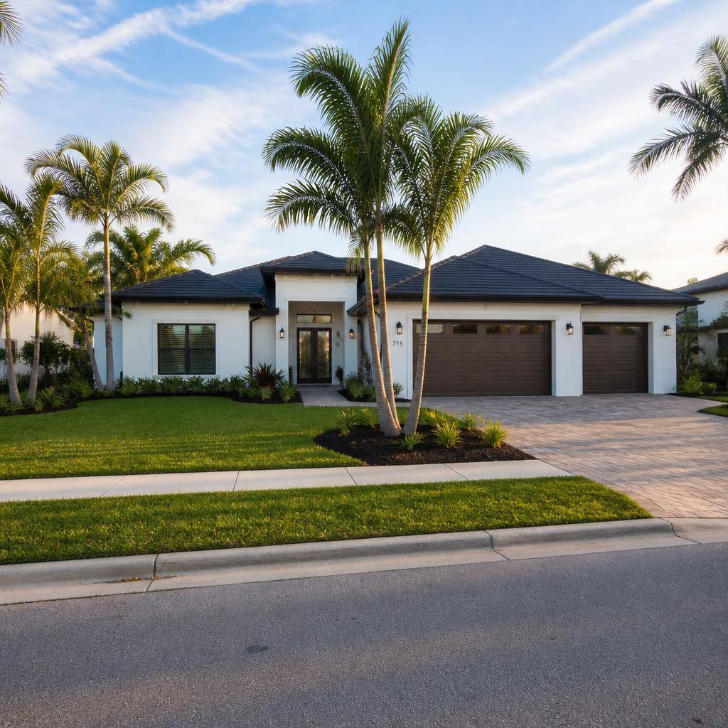 Completely remodeled upscale Florida home exterior with dramatic curb appeal