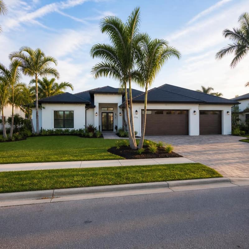 Completely remodeled upscale Florida home exterior with dramatic curb appeal
