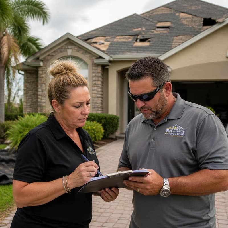 Roofing contractor and insurance adjuster reviewing roof damage documents