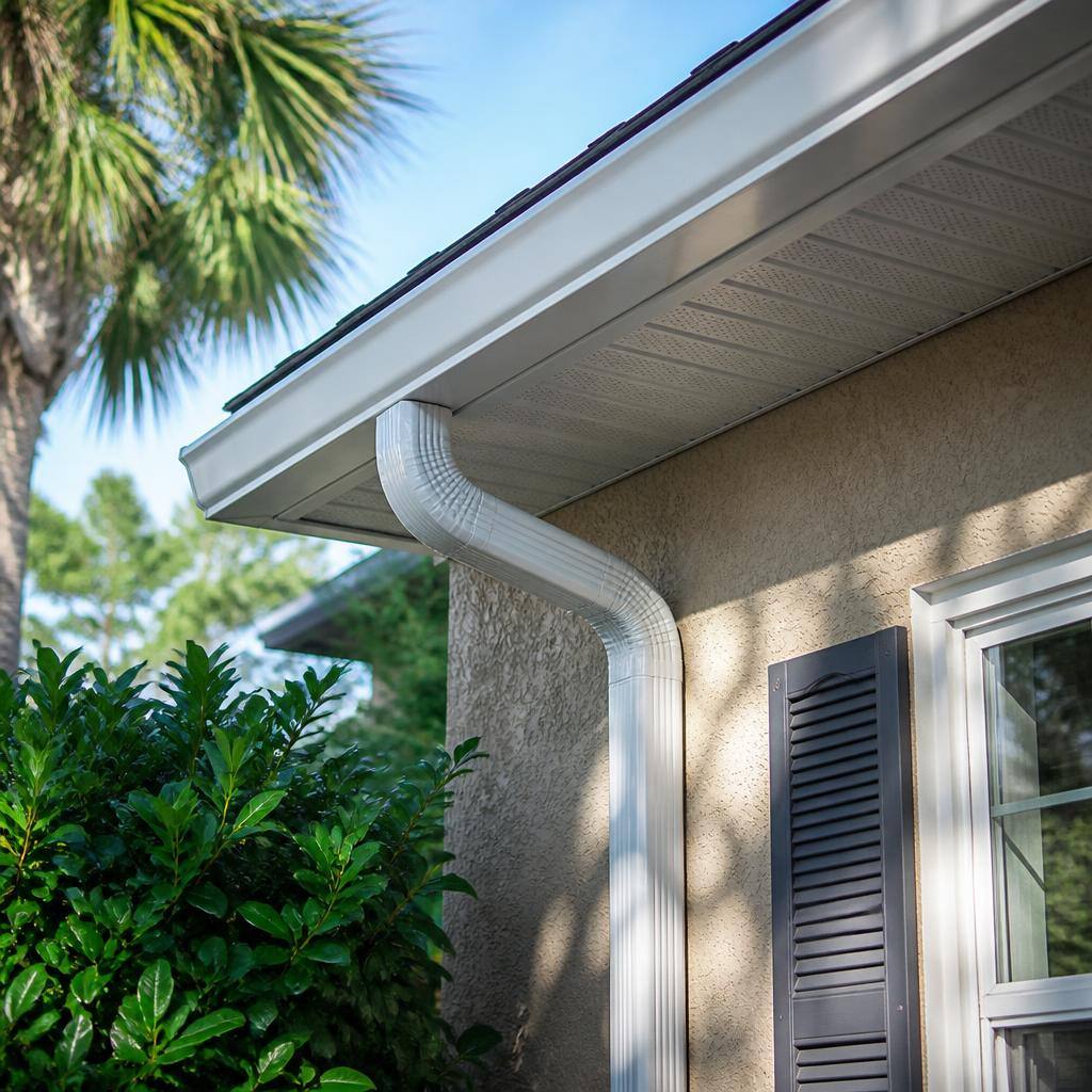 Seamless aluminum gutters along the roofline of a Florida home