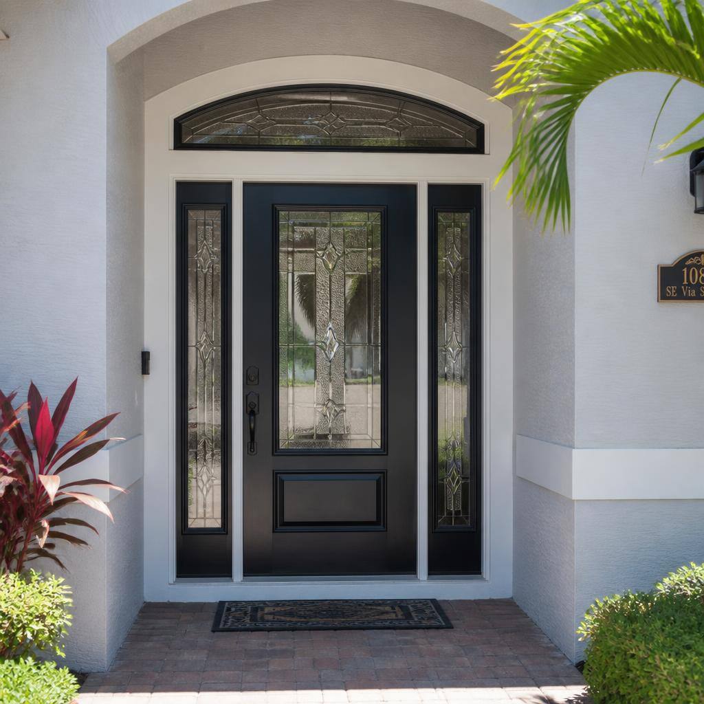 Elegant new front entry door with glass accents on a Florida home