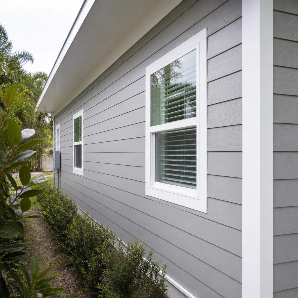 Fresh fiber-cement lap siding with crisp white trim on a Florida home