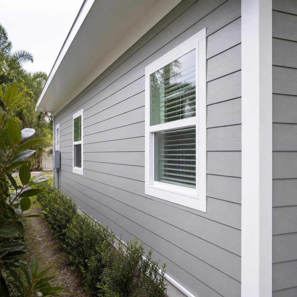 Fresh fiber-cement lap siding with crisp white trim on a Florida home