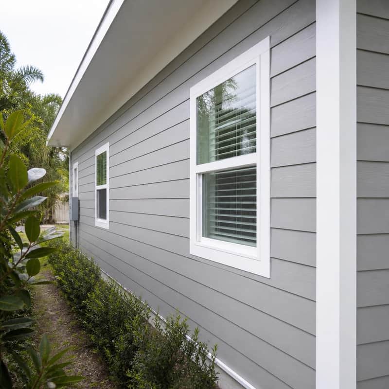 Fresh fiber-cement lap siding with crisp white trim on a Florida home
