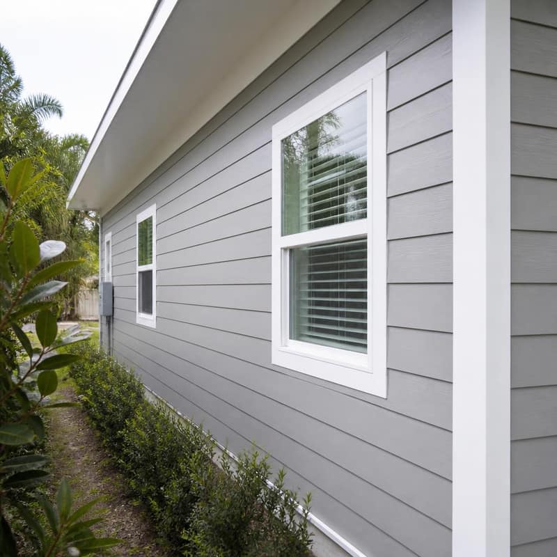 Fresh fiber-cement lap siding with crisp white trim on a Florida home