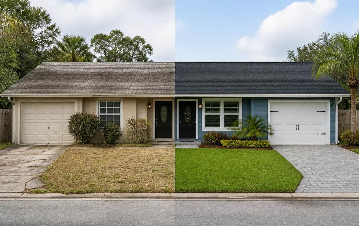 Before and after: the same Central Florida home redesigned with a new roof, fresh paint, and landscaping