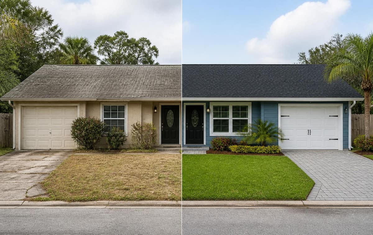 Before and after: the same Central Florida home redesigned with a new roof, fresh paint, and landscaping